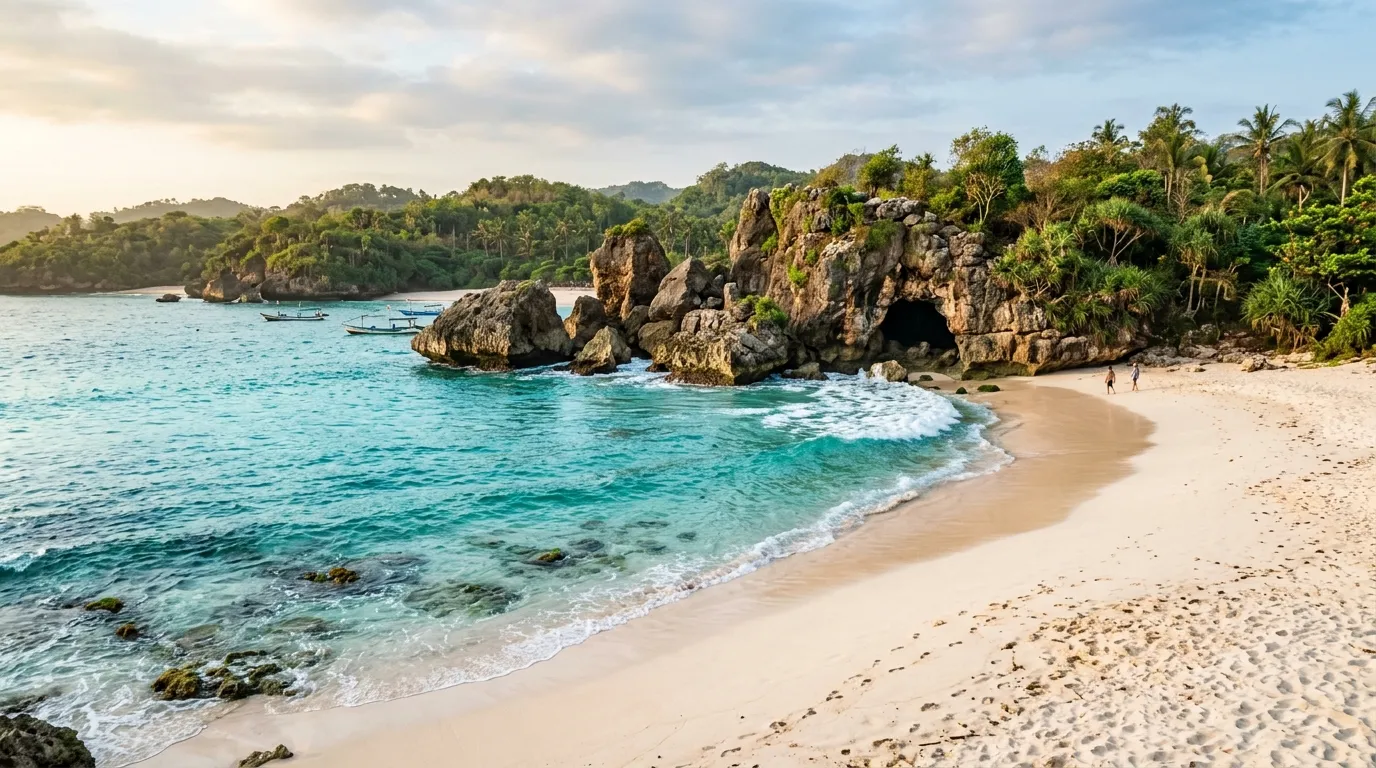 Pantai Balekambang dengan pura di atas karang, salah satu pantai paling instagramable di Malang selatan